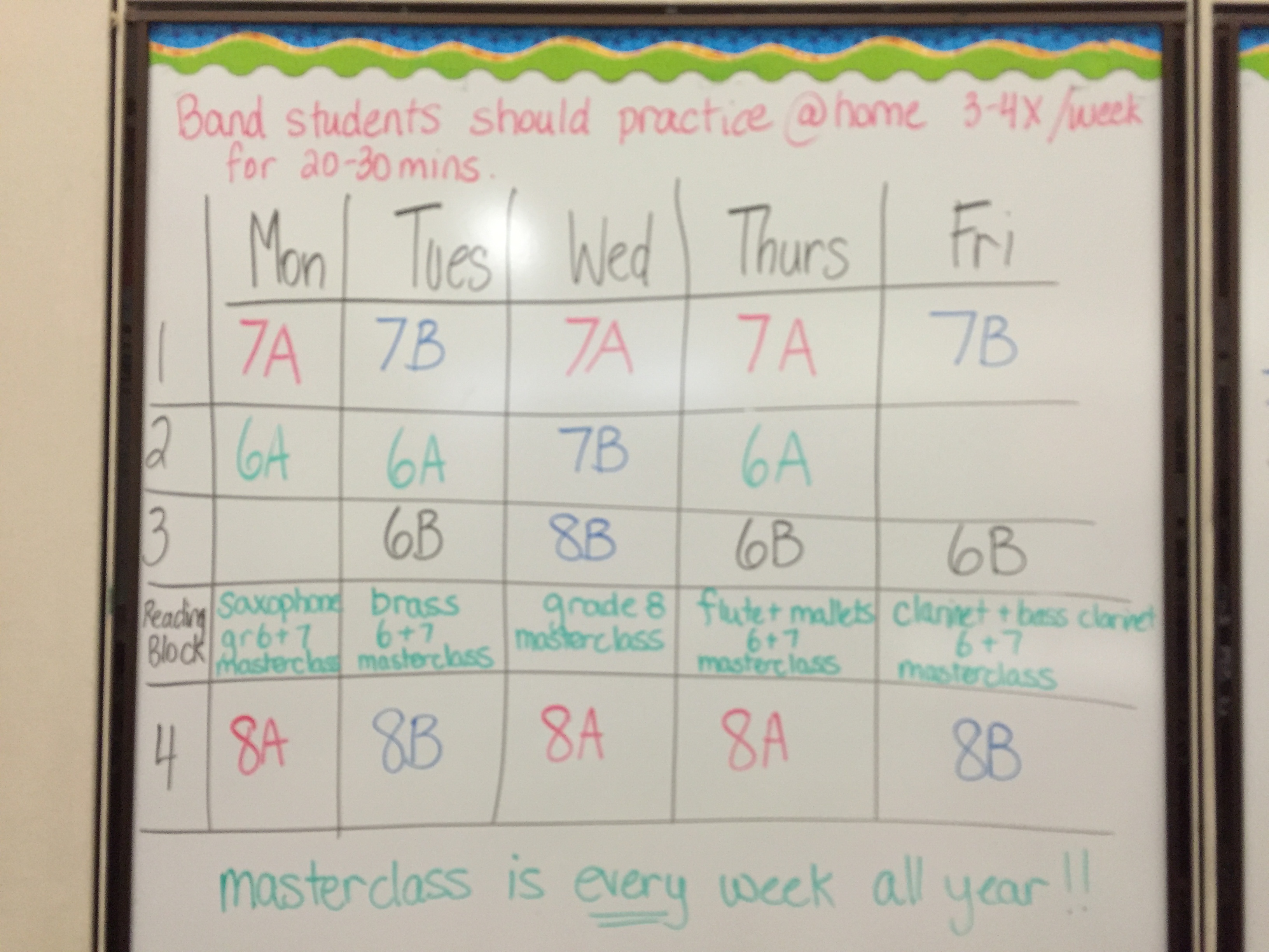 Students have band on alternating weeks with PE. Masterclass takes place EVERY week of the school year.